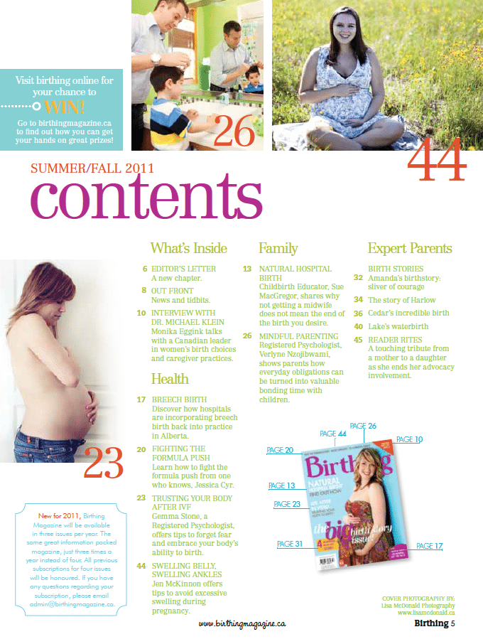 Birthing Magazine 2011 Summer / Fall Cotent