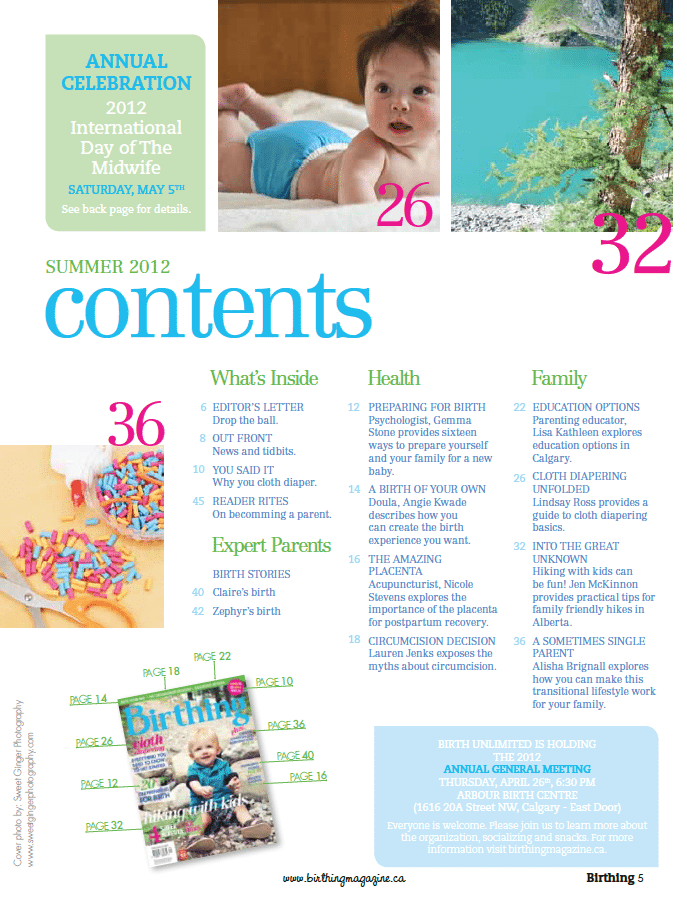 Birthing Magazine 2012 Summer Contents