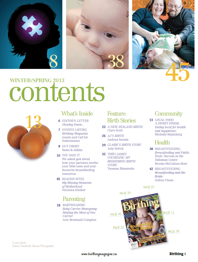 Birthing Magazine 2013 Winter : Spring Contents