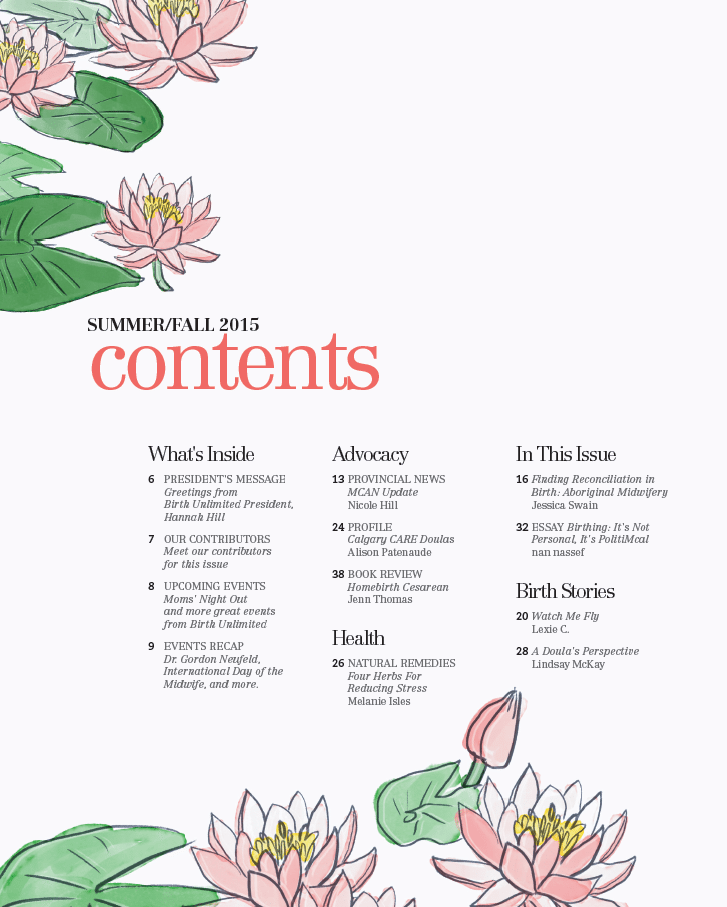Birthing Magazine 2015 Summer:Fall Contents