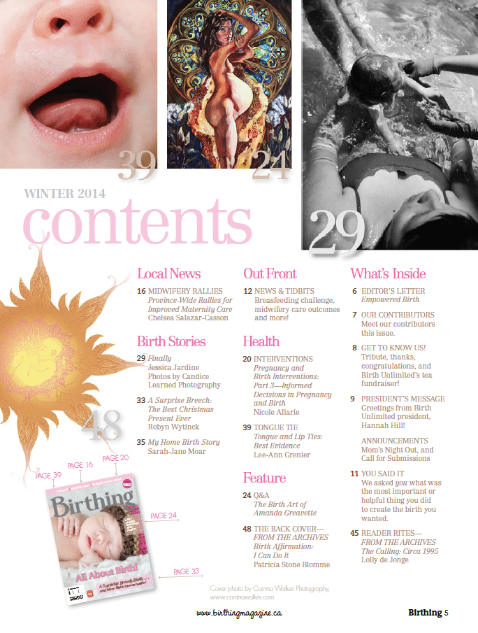 Birthing Magazine Winter 2013 Content